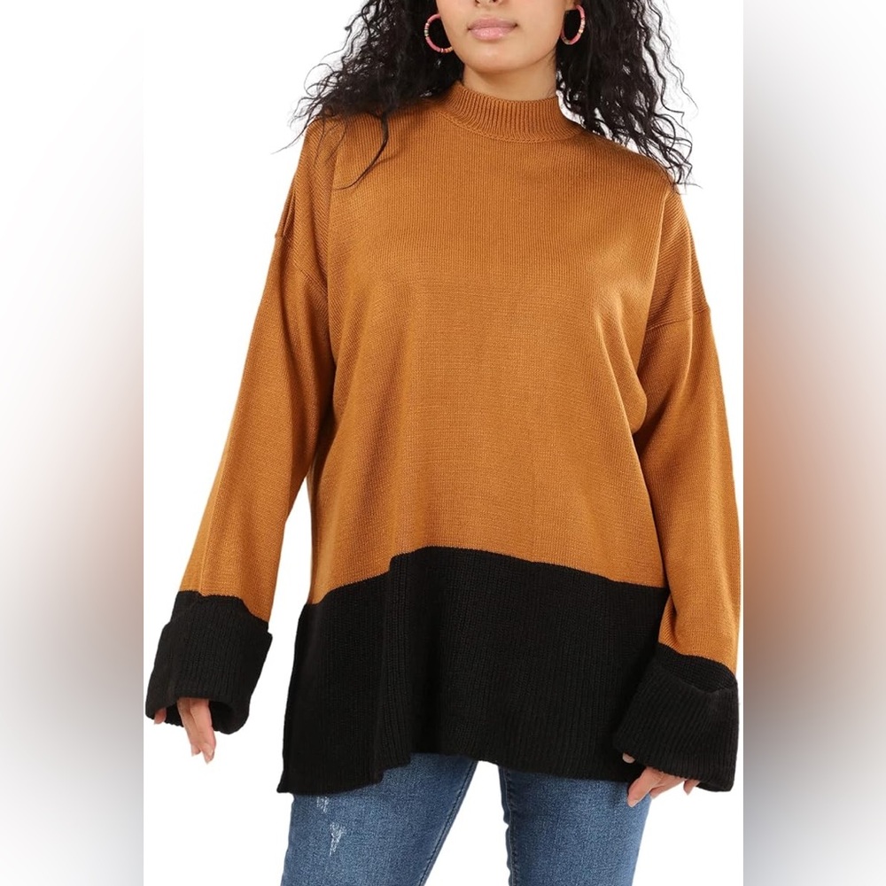 Tahari Block Color Turtleneck in Brown and Black (1X)